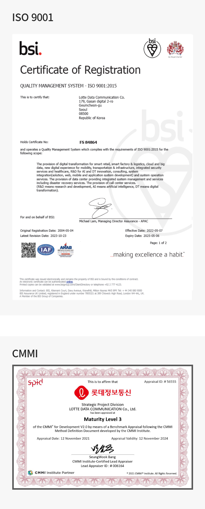 ISO 9001, CMMI 자격증
